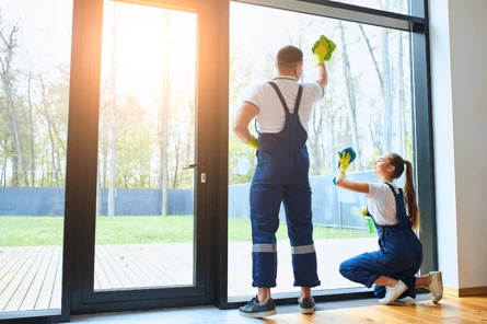 Twee schoonmakers reinigen samen grote glazen deuren met doeken